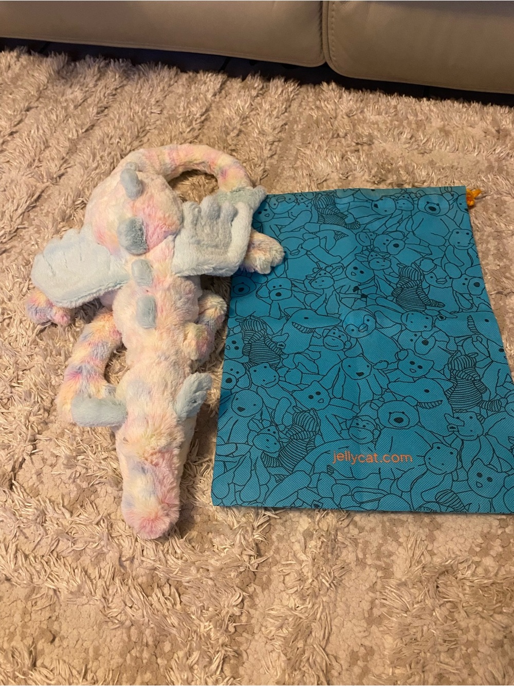 Jellycat Pastel Rainbow Dragon Plush with Light Blue Wings
